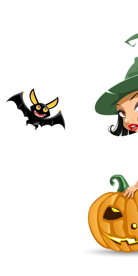 Phone wallpaper: Halloween, Holiday, Bat, Witch, Brown Eyes, Black Hair, Short Hair, Jack O' Lantern, Witch Hat free download