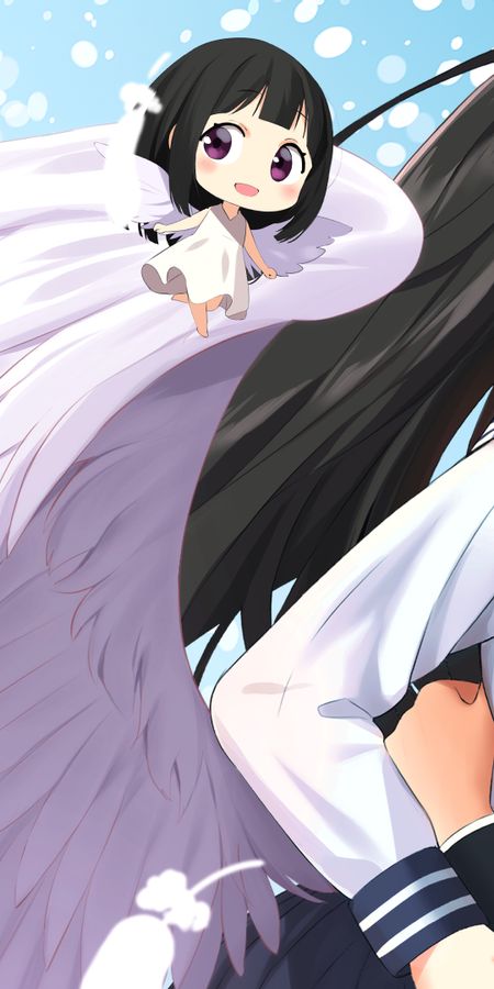 Phone wallpaper: Anime, Wings, Green Eyes, School Uniform, Black Hair, Long Hair, Brown Hair, Short Hair, Pink Eyes, Eru Chitanda, Hōtarō Oreki, Hyouka free download
