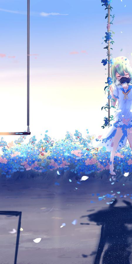 Phone wallpaper: Anime, Flower, Swing, Dress, Original, Short Hair free download