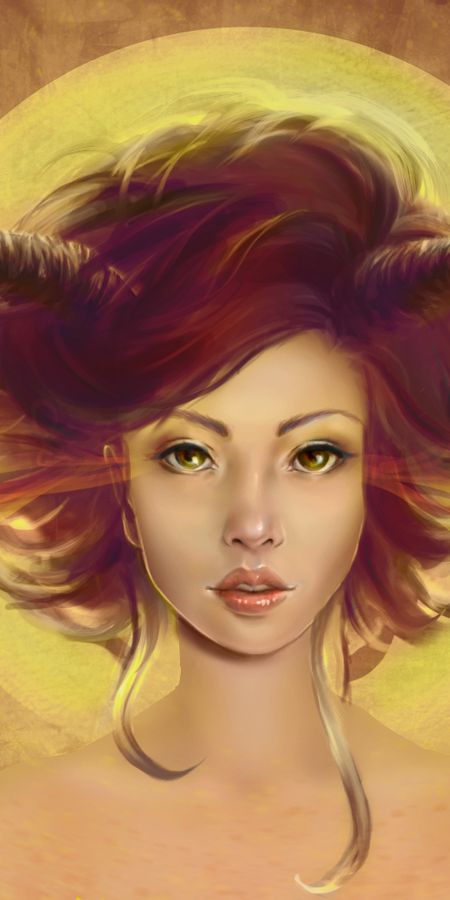 Phone wallpaper: Fantasy, Horns, Demon, Green Eyes, Short Hair free download