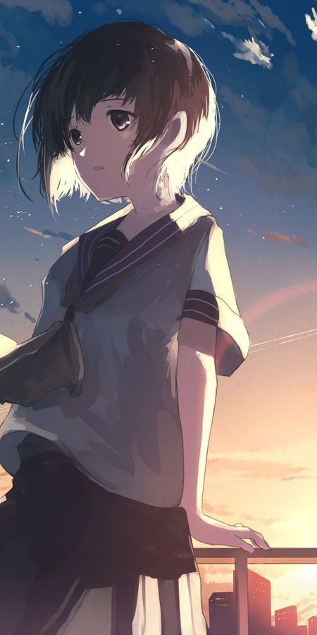 Phone wallpaper: Anime, Sunset, Sun, Cloud, Original, School Uniform, Short Hair free download