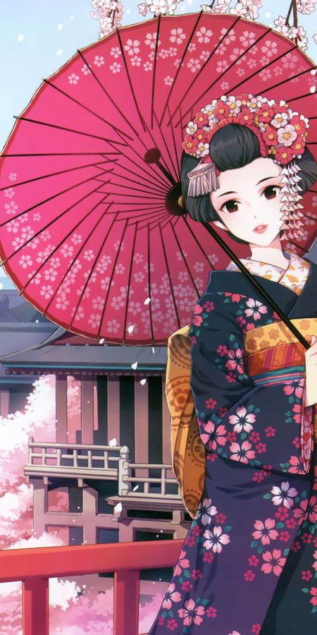 Phone wallpaper: Anime, Flower, Kimono, Petal, Headdress, Cherry Blossom, Original, Brown Eyes, Black Hair, Short Hair, Parasol free download