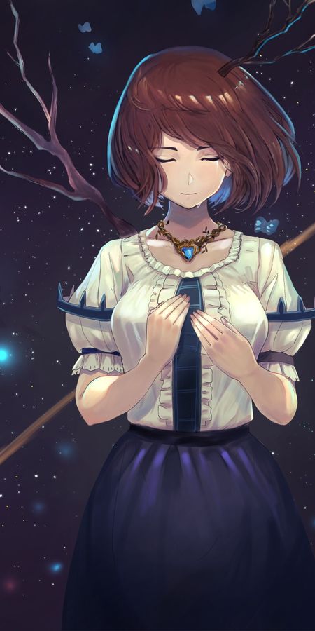 Phone wallpaper: Anime, Branch, Butterfly, Original, Necklace, Brown Hair, Short Hair free download