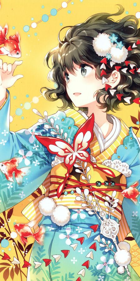 Phone wallpaper: Anime, Butterfly, Kimono, Koi, Original, Goldfish, Blush, Black Hair, Short Hair, Yukata free download