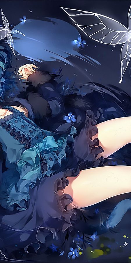 Phone wallpaper: Anime, Butterfly, Dress, Blue Eyes, Original, Short Hair, Lying Down, Nekomimi free download