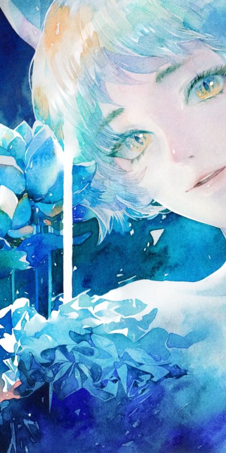 Phone wallpaper: Anime, Flower, Smile, Yellow Eyes, Original, Blue Hair, Short Hair free download