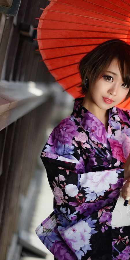 Phone wallpaper: Umbrella, Kimono, Brunette, Model, Women, Asian, Brown Eyes, Short Hair free download
