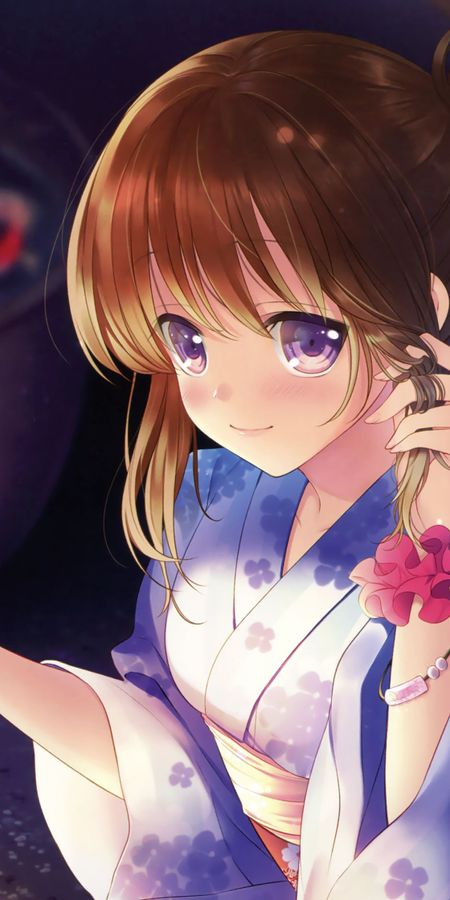 Phone wallpaper: Anime, Flower, Smile, Kimono, Original, Blush, Brown Hair, Short Hair, Purple Eyes, Bow (Clothing) free download