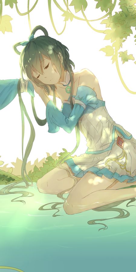Phone wallpaper: Anime, Water, Vocaloid, Green Hair, Skirt, Sunbeam, Short Hair, Bow (Clothing), Luo Tianyi free download