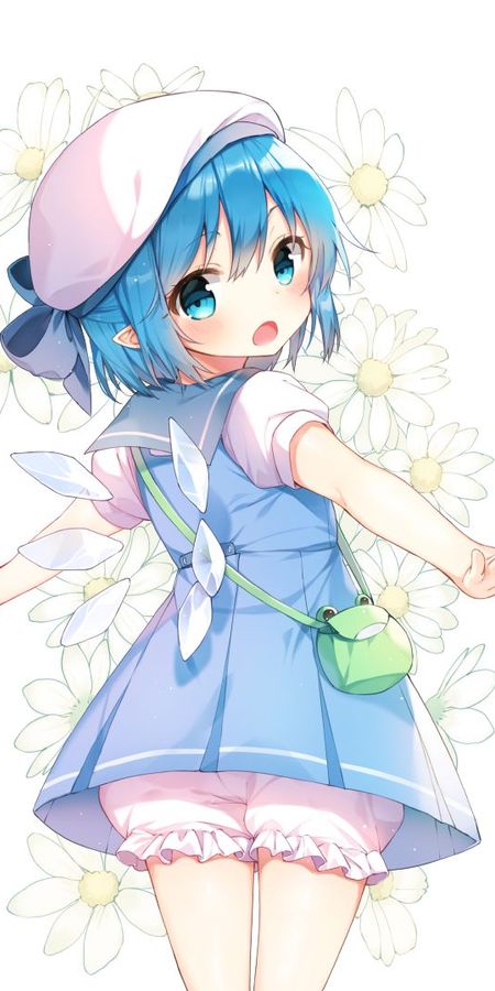 Phone wallpaper: Anime, Flower, Wings, Hat, Fairy, Blue Eyes, Blush, Blue Hair, School Uniform, Touhou, Pointed Ears, Short Hair, Cirno (Touhou), Bow (Clothing), Bloomers free download