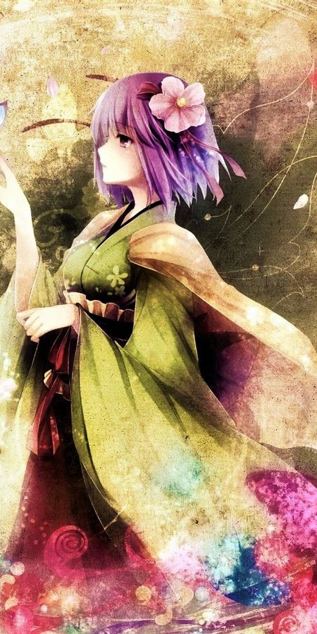 Phone wallpaper: Anime, Flower, Butterfly, Colorful, Touhou, Short Hair, Purple Hair free download