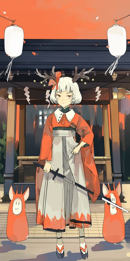 Phone wallpaper: Anime, Lantern, Horns, Sword, Original, Short Hair, White Hair, Orange Eyes free download