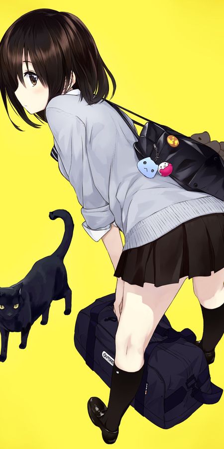 Phone wallpaper: Anime, Cat, Bag, Skirt, Original, Blush, School Uniform, Brown Eyes, Brown Hair, Short Hair free download