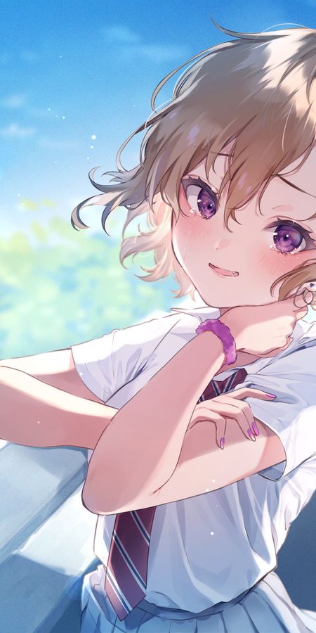 Phone wallpaper: Anime, Girl, Blonde, Earrings, Short Hair, Purple Eyes free download