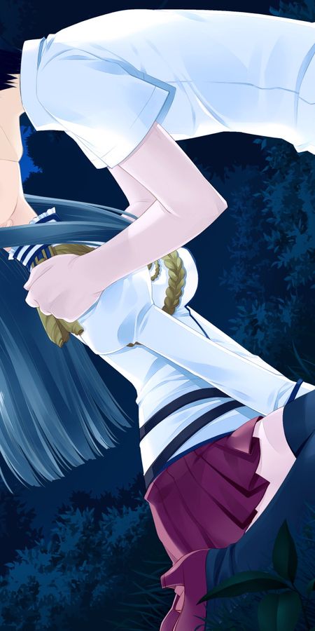 Phone wallpaper: Anime, Grass, Kiss, Skirt, Blue Hair, School Uniform, Long Hair, Short Hair, Thigh Highs, Kicking Horse Rhapsody, Hijiri Seritsumu free download