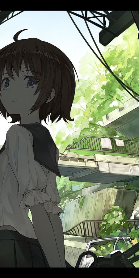 Phone wallpaper: Anime, Sky, Tree, Bridge, Girl, School Uniform, Short Hair free download