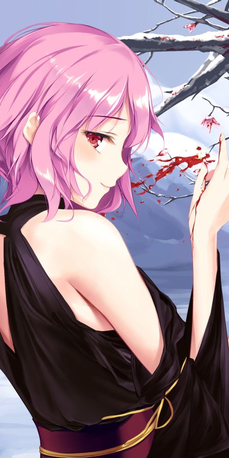 Phone wallpaper: Anime, Pink Hair, Red Eyes, Touhou, Short Hair, Yuyuko Saigyouji free download