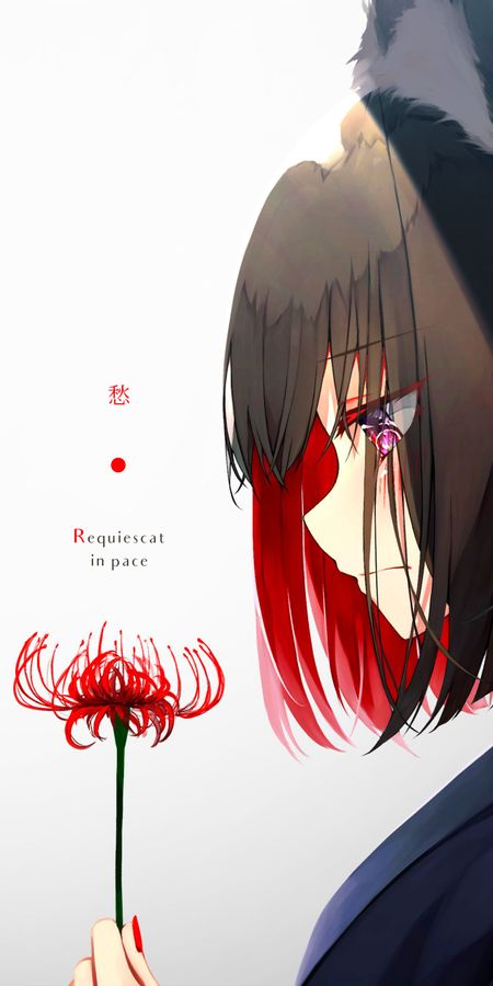 Phone wallpaper: Anime, Original, Red Eyes, Red Flower, Black Hair, Short Hair free download