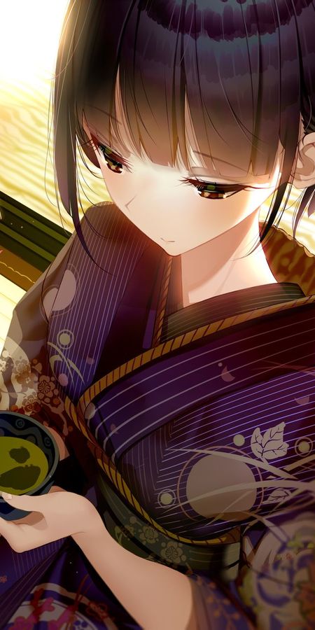 Phone wallpaper: Anime, Kimono, Geisha, Brown Eyes, Black Hair, Short Hair free download