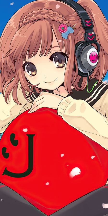 Phone wallpaper: Anime, Headphones, Smile, Cherry Blossom, Brown Hair, Short Hair free download
