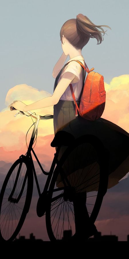 Phone wallpaper: Anime, Sunset, Bag, Cloud, Bicycle, Skirt, Original, School Uniform, Brown Hair, Short Hair, Ponytail free download