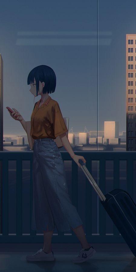 Phone wallpaper: Anime, City, Original, Black Hair, Short Hair, Earbuds free download