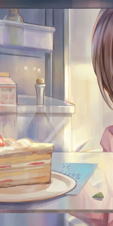 Phone wallpaper: Anime, Cake, Girl, Brown Hair, Short Hair, Aqua Eyes free download