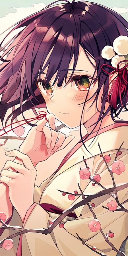 Phone wallpaper: Anime, Bird, Girl, Kimono, Green Eyes, Cherry Blossom, Short Hair free download