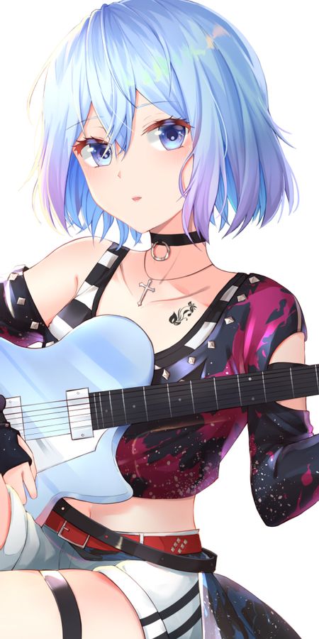 Phone wallpaper: Music, Anime, Guitar, Blue Eyes, Blue Hair, Short Hair free download