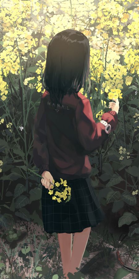 Phone wallpaper: Anime, Flower, Watch, Yellow Flower, Original, Black Hair, Short Hair free download