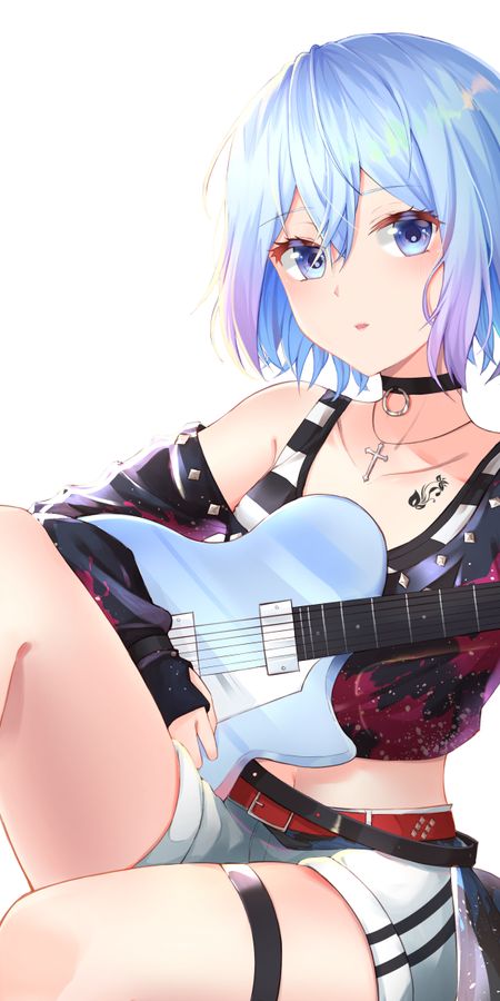 Phone wallpaper: Music, Anime, Guitar, Blue Eyes, Blue Hair, Short Hair free download
