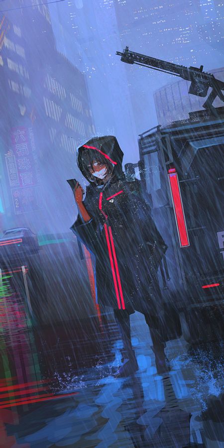 Phone wallpaper: Anime, Rain, City, Coat, Original, Gun, Black Hair, Short Hair free download