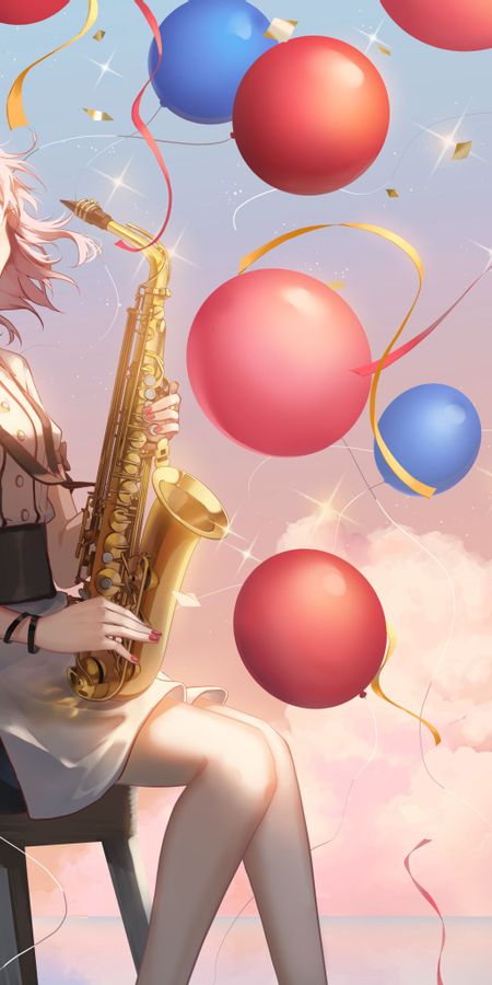 Phone wallpaper: Anime, Balloon, Saxophone, Original, Pink Hair, Short Hair free download
