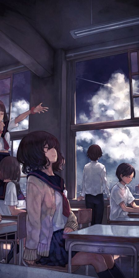 Phone wallpaper: Anime, Sky, Girl, Cloud, School Uniform, Long Hair, Short Hair, Classroom free download