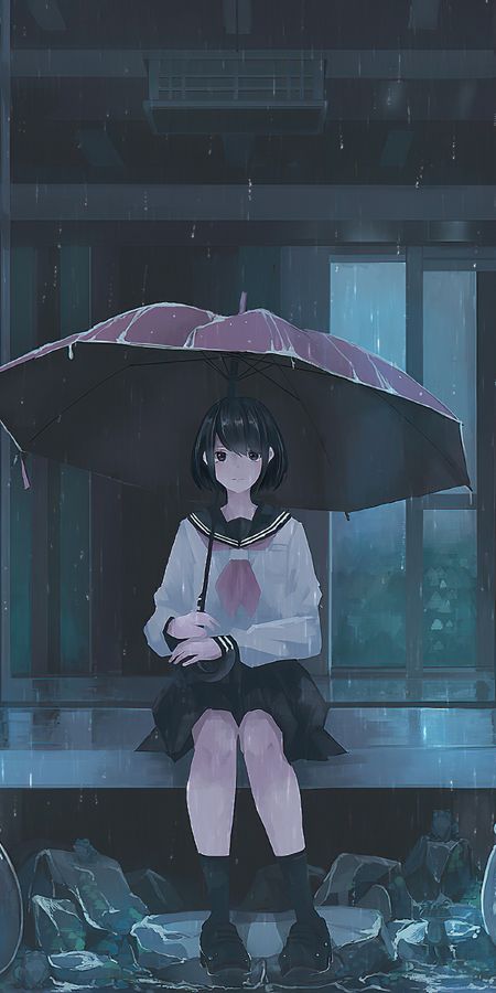 Phone wallpaper: Anime, Rain, Umbrella, Original, Black Hair, Short Hair free download