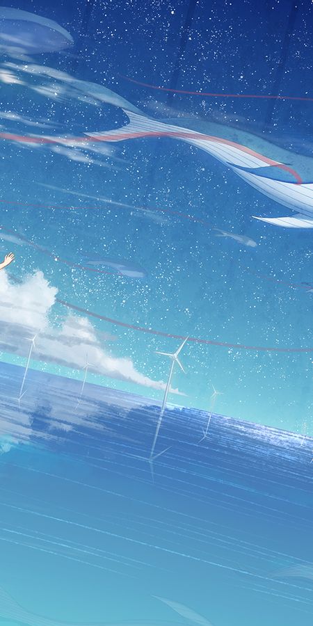 Phone wallpaper: Anime, Sea, Whale, Original, Wind Turbine, Black Hair, Short Hair free download