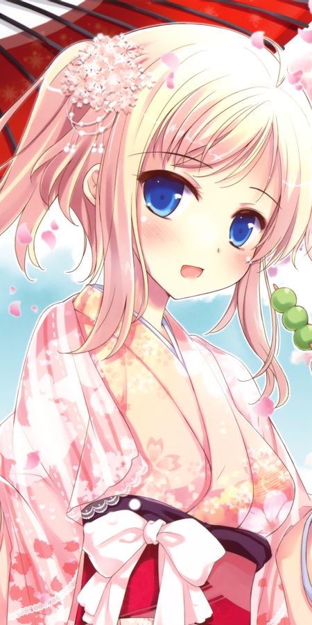 Phone wallpaper: Anime, Smile, Kimono, Blue Eyes, Cherry Blossom, Original, Pink Hair, Blush, Short Hair, Bow (Clothing), Parasol free download