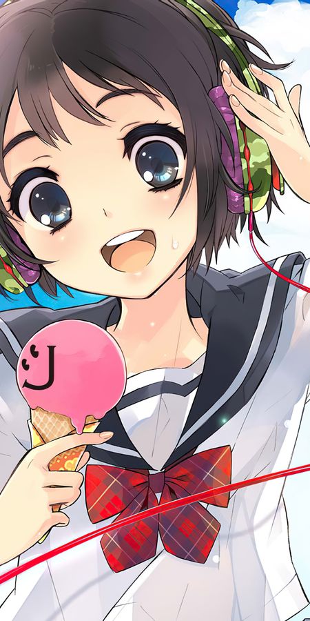 Phone wallpaper: Anime, Headphones, Ice Cream, Blue Eyes, Black Hair, Short Hair free download
