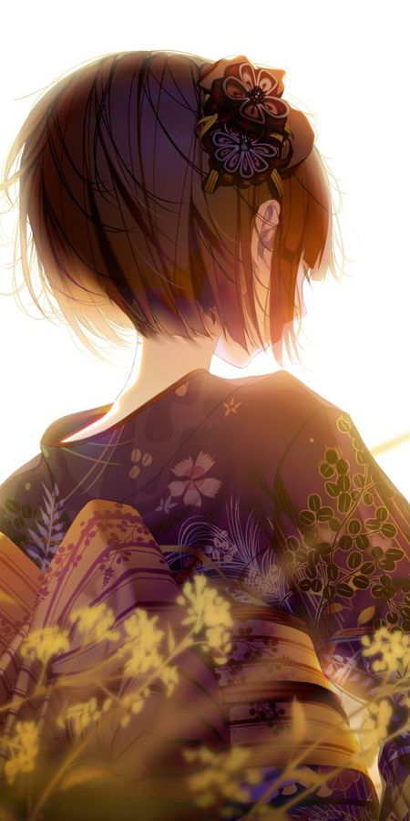 Phone wallpaper: Anime, Flower, Kimono, Original, Brown Hair, Short Hair free download