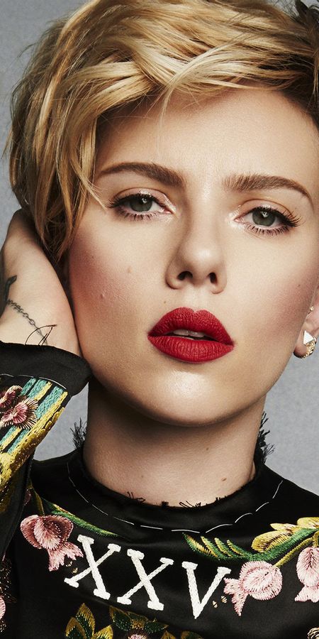 Phone wallpaper: Scarlett Johansson, Blonde, American, Celebrity, Short Hair, Actress, Lipstick free download