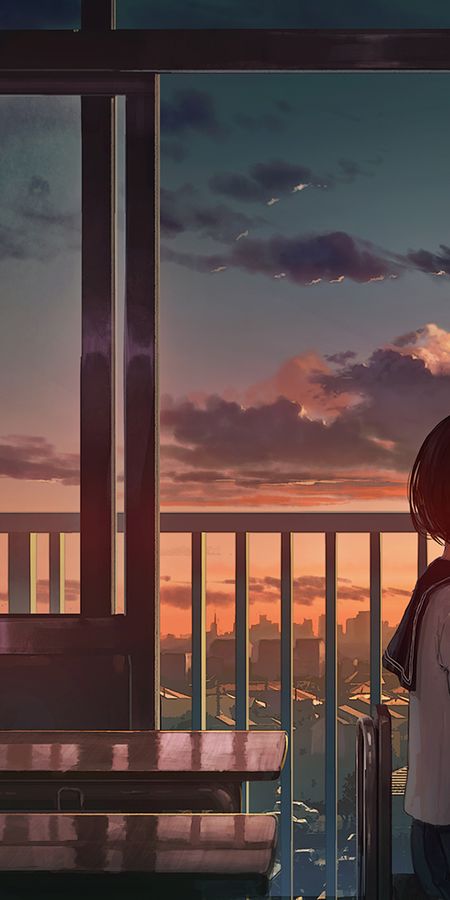 Phone wallpaper: Anime, Sunset, Flower, Original, Brown Hair, Short Hair free download