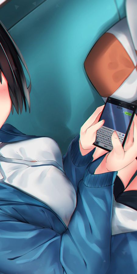 Phone wallpaper: Anime, Girl, Blue Eyes, Blush, Black Hair, Short Hair free download