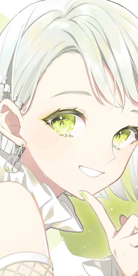 Phone wallpaper: Anime, Lime, Girl, Earrings, Green Eyes, Short Hair, White Hair free download