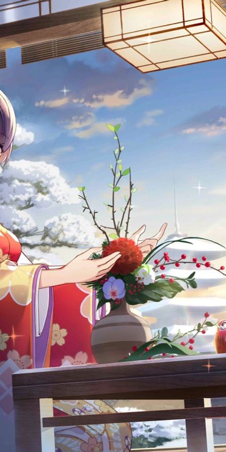 Phone wallpaper: Anime, Girl, Kimono, Short Hair, Purple Hair, Japanese Clothes free download