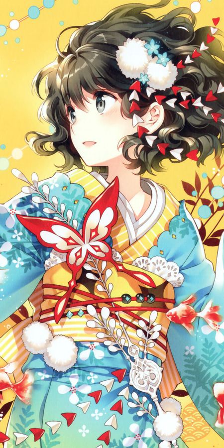 Phone wallpaper: Anime, Butterfly, Kimono, Original, Blush, Black Hair, Short Hair, Yukata free download