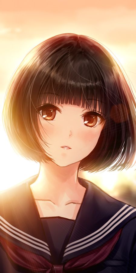 Phone wallpaper: Anime, Sunset, Girl, Sunlight, School Uniform, Brown Eyes, Short Hair free download