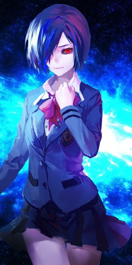 Phone wallpaper: Anime, Uniform, Skirt, Red Eyes, Short Hair, Purple Hair, Bow (Clothing), Tokyo Ghoul, Touka Kirishima free download