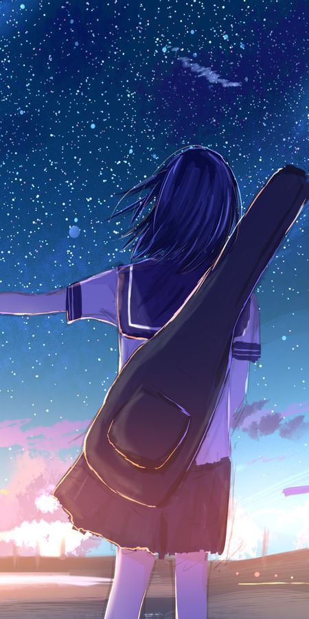 Phone wallpaper: Anime, Sunset, Stars, Bag, Original, Blue Hair, Short Hair free download