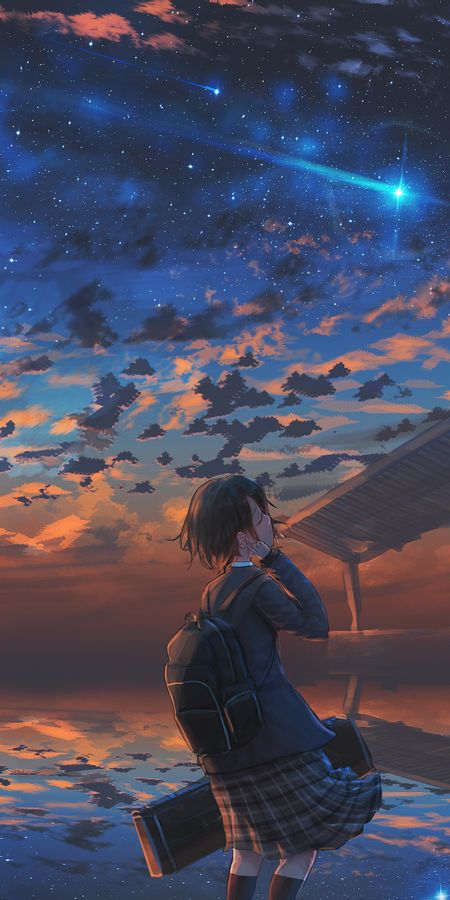 Phone wallpaper: Anime, Sunset, Starry Sky, Girl, Short Hair free download