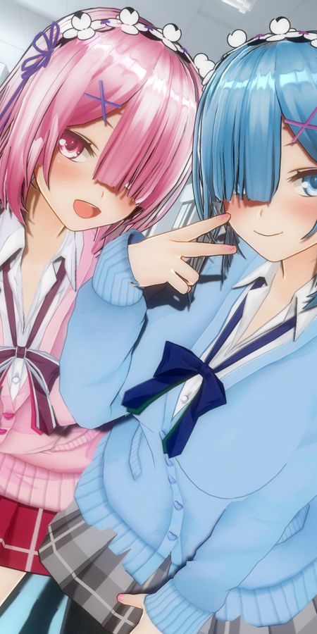 Phone wallpaper: Anime, Blue Eyes, Pink Hair, Blue Hair, Short Hair, Pink Eyes, Re:zero Starting Life In Another World, Ram (Re:zero), Rem (Re:zero) free download